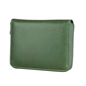 Detail view of a minimalist dark green leather RFID card wallet with durable metal zipper