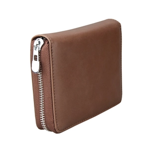 Detailed close-up of dark brown leather texture and silver metal zipper on the wallet