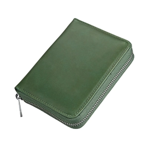 Detailed close-up of forest green leather RFID wallet showing texture and zipper