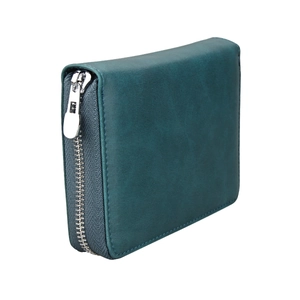Detail view of the durable silver zipper and leather texture on a dark teal RFID wallet