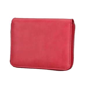Detail view of red suede RFID travel wallet with metal zipper and matte texture