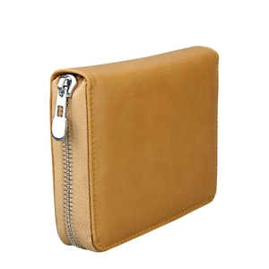 Close-up of brown leather RFID card holder with metallic zipper and textured finish