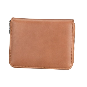 Detailed view of the dark brown leather texture and silver zipper on the RFID wallet