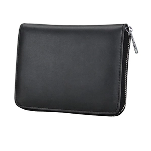 Detail view of the black leather RFID blocking card holder with silver metal zipper teeth
