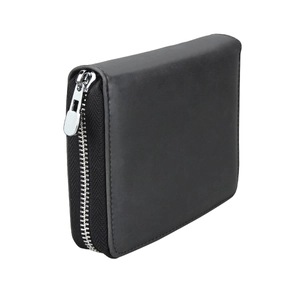 Close-up of black leather wallet with silver metal zipper and premium grainy texture