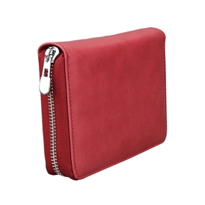 Detail of red matte leather RFID card holder with silver metal zipper closure