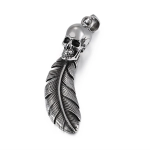 Retro stainless steel skull and feather pendant necklace in vintage gothic punk style