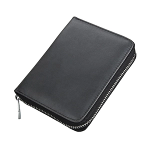 Detailed view of black RFID leather wallet showing fine texture and silver zipper