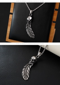 Detailed view of vintage skull and feather pendant on a stylish silver rope chain
