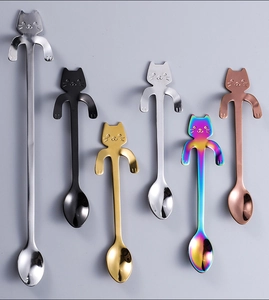 Detailed set of 304 stainless steel cat shaped coffee spoons in various metallic finishes