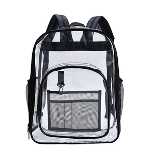 Transparent PVC backpack with black nylon trim and functional mesh side pockets