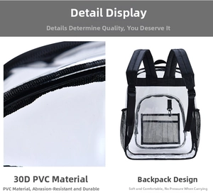 Close-up of durable 0.3mm waterproof PVC fabric and reinforced mesh side pocket on backpack