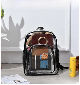 Macro view of transparent PVC backpack showing large capacity and black nylon stitching