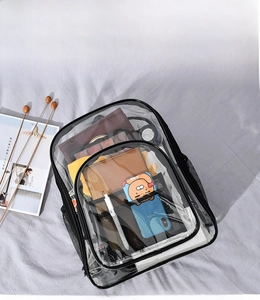 Detailed view of clear PVC backpack showing large storage capacity with daily items