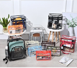 Close-up of waterproof transparent PVC backpacks and storage bags in multiple colors