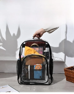 Close-up of clear PVC backpack showing organized items and durable black mesh pocket