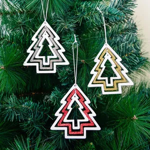 Hollow wooden Christmas tree ornaments with glitter finish in red gold and silver