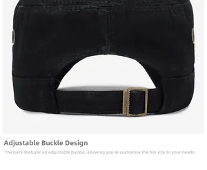 Detail of vintage black cotton army cap showing the adjustable bronze metal buckle back