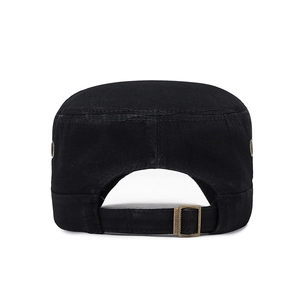 Black vintage washed cotton cadet cap with adjustable brass buckle and metal eyelets