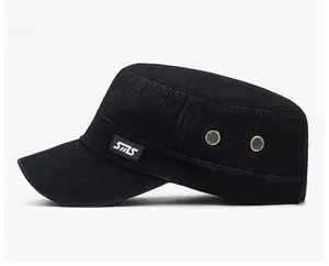 Detail of black cotton cadet cap featuring side copper eyelets and SMS square fabric patch