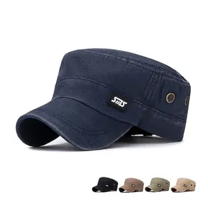 Cadet Cap Washed Cotton Flat Top Hat Breathable Adjustable Vintage Military Style For Men Outdoor Sun Protection