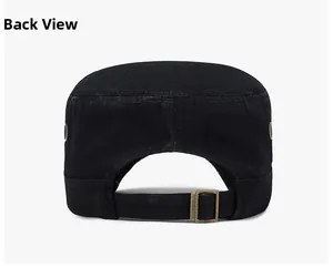 Rear view of black cotton flat top army cap featuring bronze metal adjustment buckle