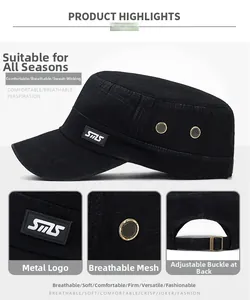 Macro view of black cotton cadet cap with SMS metal plate and breathable copper eyelets