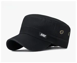 Detail of vintage black cotton military cap with metal eyelets and SMS fabric patch