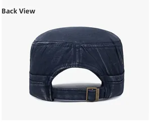 Back view of faded navy cotton military cap showing adjustable antique metal buckle strap