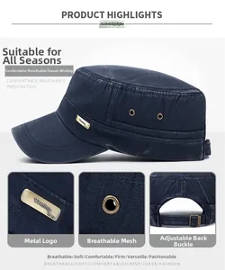 Detail of dark blue washed cotton flat top military cap with metal brand emblem and buckle