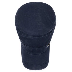Men's navy blue washed cotton cadet cap with vintage metal plate and flat top