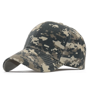 Detail of digital camouflage baseball cap showing heavy-duty stitching on the curved brim