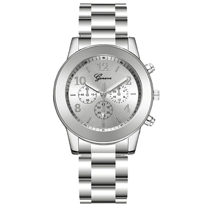 Classic silver Geneva quartz watch with three-dial design and metal strap on white background