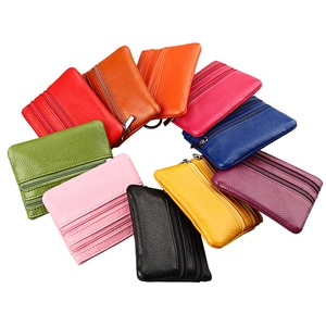 Litchi texture genuine leather coin purse with three-layer zipper in various bright colors