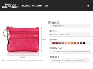 Detail of rose red genuine leather coin purse with triple zippers and dimensions 11x9cm