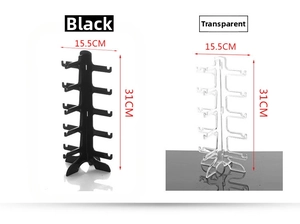 Detail view of 2-column clear and black plastic sunglasses display stands with 31cm height