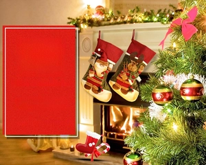 Detail of Christmas stockings with Santa and reindeer hanging by a festive fireplace