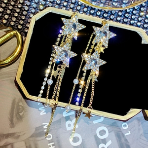 Elegant star earrings with crystal tassels and imitation pearls on a black display card