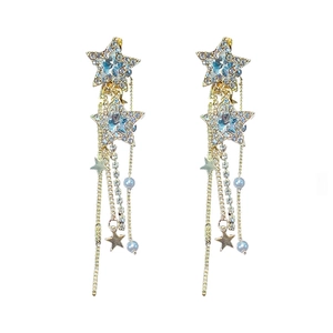 Elegant gold star tassel earrings with faux pearls and sparkling crystals for women