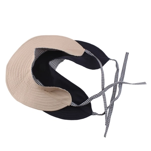 Double-sided wide brim sun visor with checkered trim and adjustable strap for women