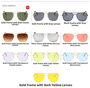 Grid display of double-bridge aviator sunglasses with colorful lenses and metal frames