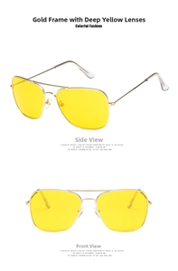 Detail view of gold metal aviator sunglasses featuring transparent yellow square lenses