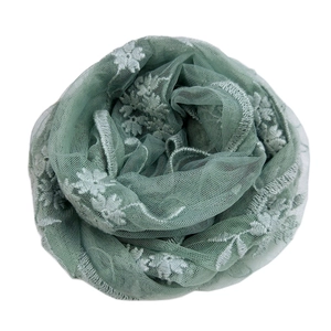 Elegant grey-green lace embroidered flower scarf accessory in mesh with wave edges
