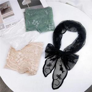 Lace Scarf For Women Mesh Embroidered Flower Long Shawl Wrap Wavy Edge Elegant Fashion Accessory Hat Ribbon Hair Band