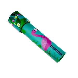 Detail of paper kaleidoscope featuring tropical flamingo and green leaf patterns
