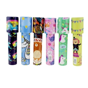 Detailed set of six colorful cardboard kaleidoscopes with various animal theme patterns