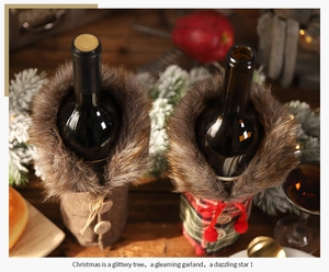 Detail of Christmas wine bottle covers with faux fur collars and plaid fabric textures