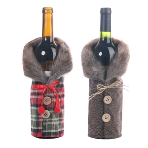 Plaid and herringbone Christmas wine bottle covers with faux fur collars and wood buttons