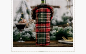 Rear view of festive red and green plaid wine bottle cover with brown faux fur collar