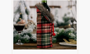 Side view of Christmas wine bottle cover with red-green plaid and plush collar